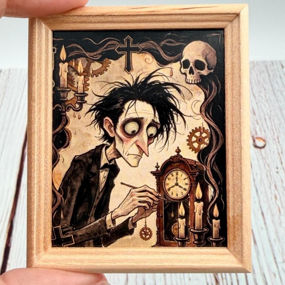 Gothic Clockmaker Miniature Wood Framed Magnet Upcycled Whimsical Art Skull Gear